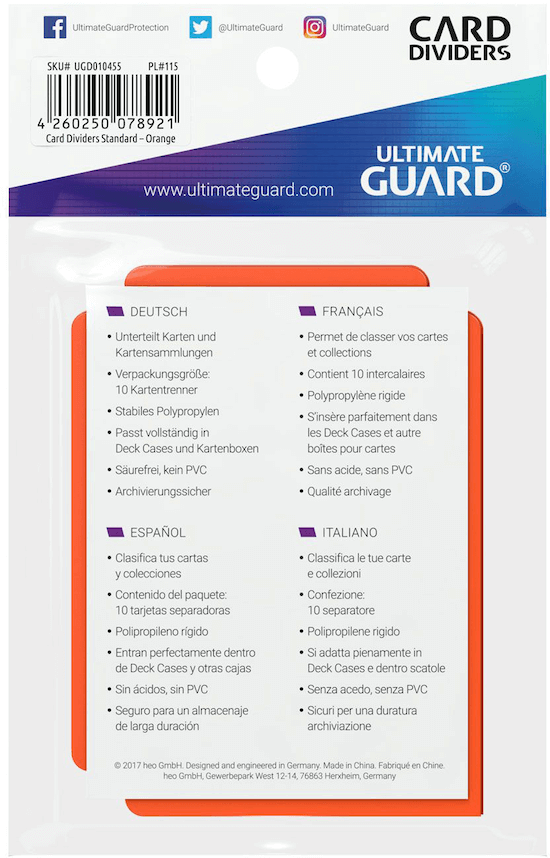 Ultimate Guard Card Dividers Kartentrenner Standardgröße Orange Verpackung Rückansicht
