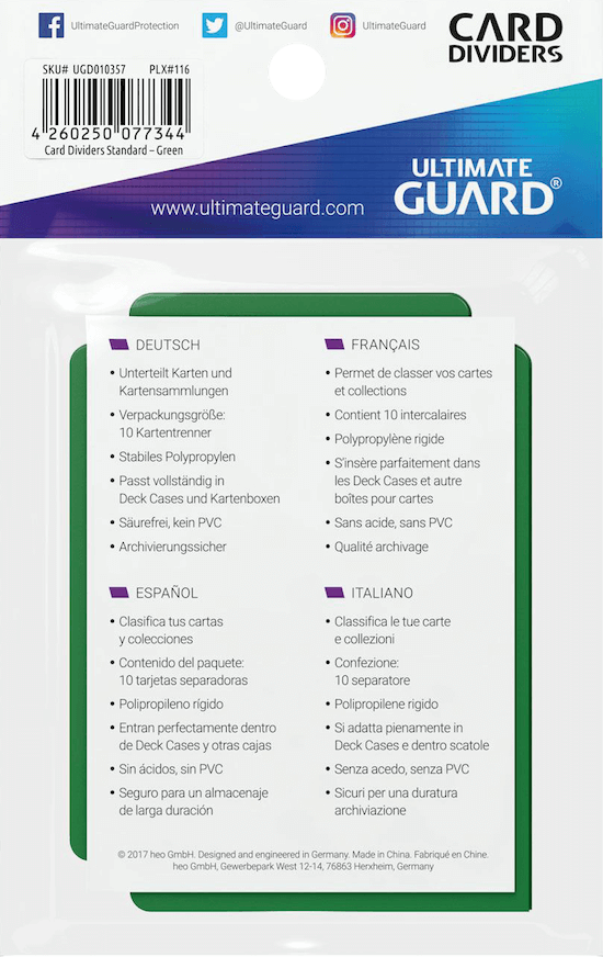 Ultimate Guard Card Dividers Kartentrenner Standardgröße Grün Verpackung Rückansicht